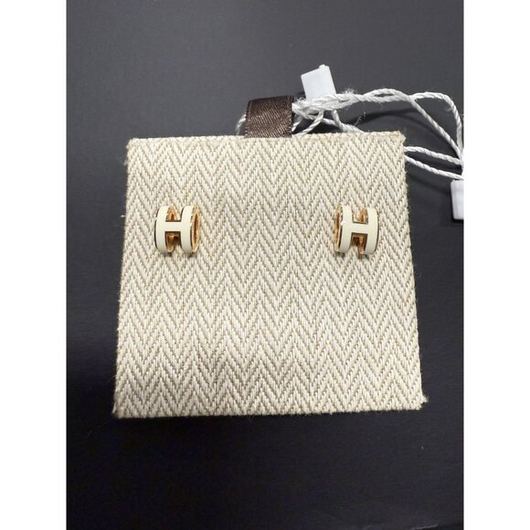 Hermès H Mini Hoop Earrings Gold & White Enamel With Drawstring Pouch - Picture 3 of 9